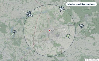 Mapa okolic miasta z sylwetkami samolotów — Niebo nad Radomiem